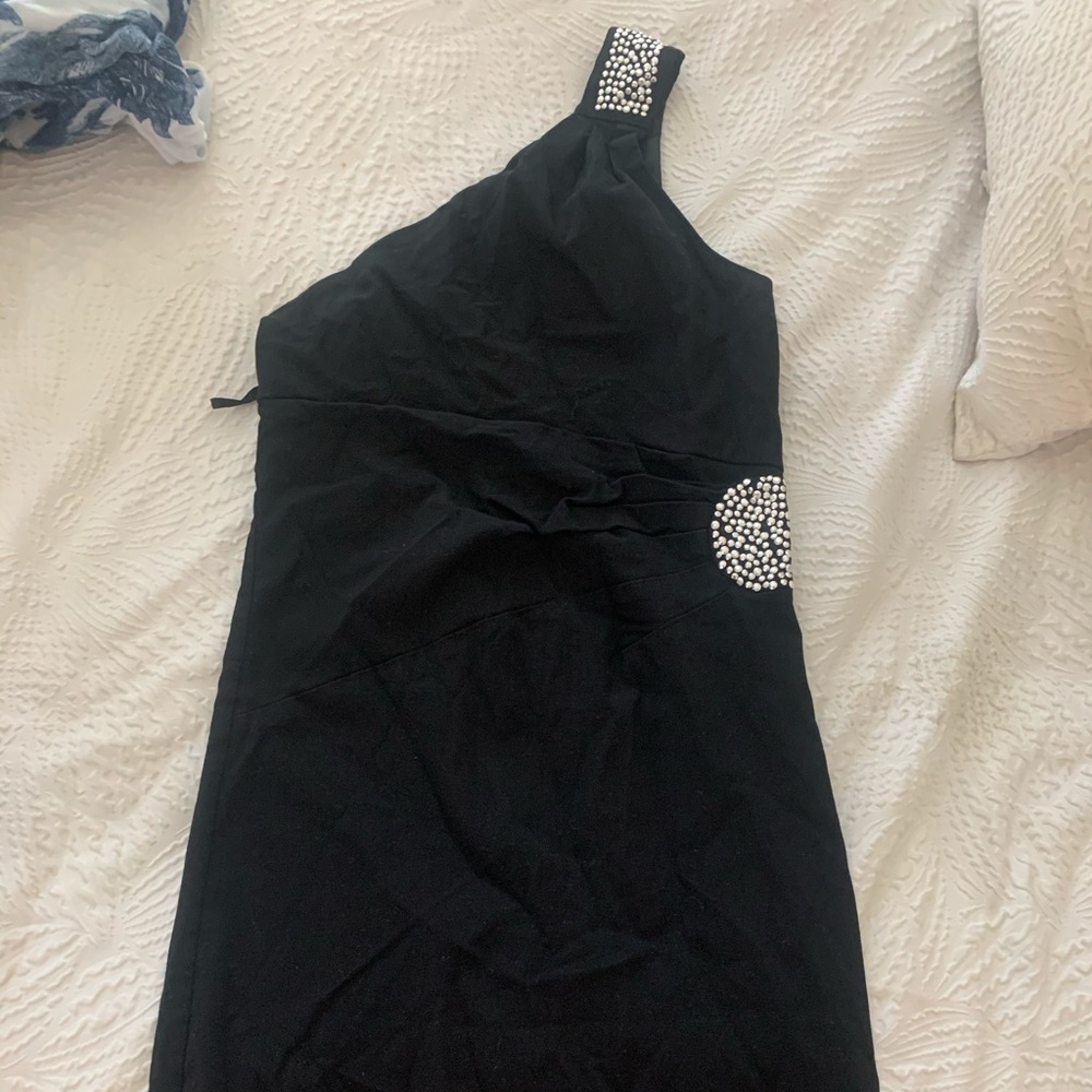 One shoulder black studded cocktail dress
